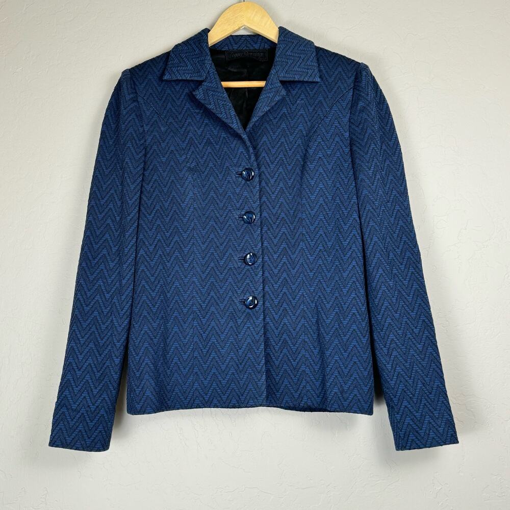 Peggy Jennings Designer Chevron Herringbone Blue Black Blazer Size 6 USA 90s